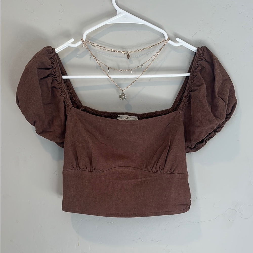 Brown Ruched Puff Sleeve Blouse
